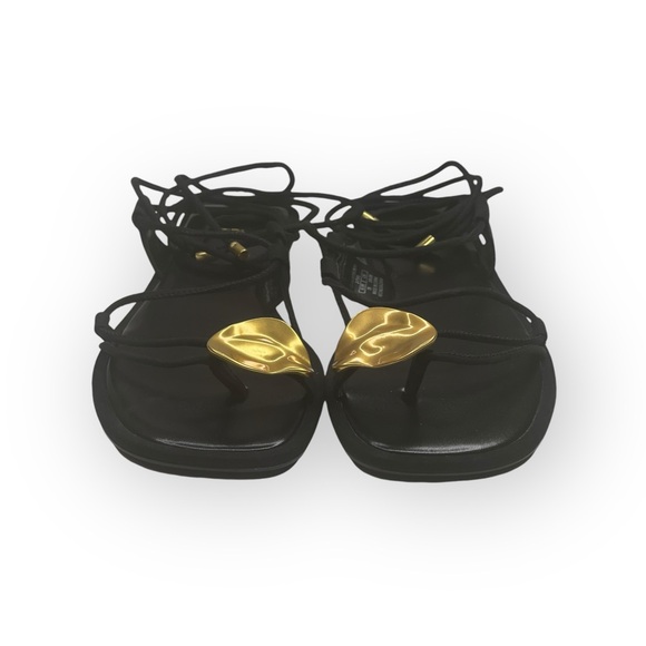 Deadstock: new Zara ❧ Embellished Flat Sandals ❧ Black Bright Gold Hardware ❧ 8M - Picture 10 of 16